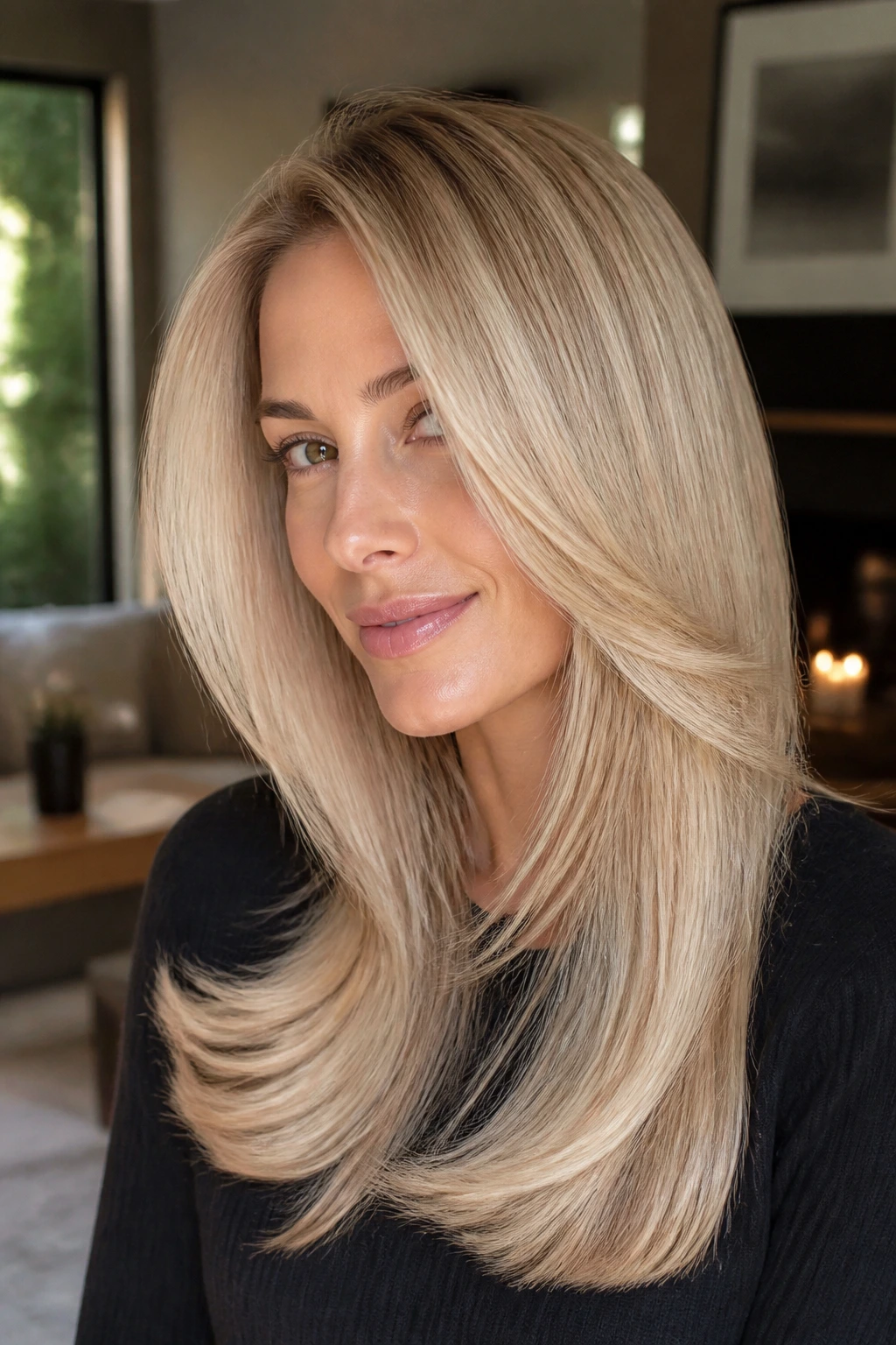 Close-up of a real woman with buttercream blonde blowout