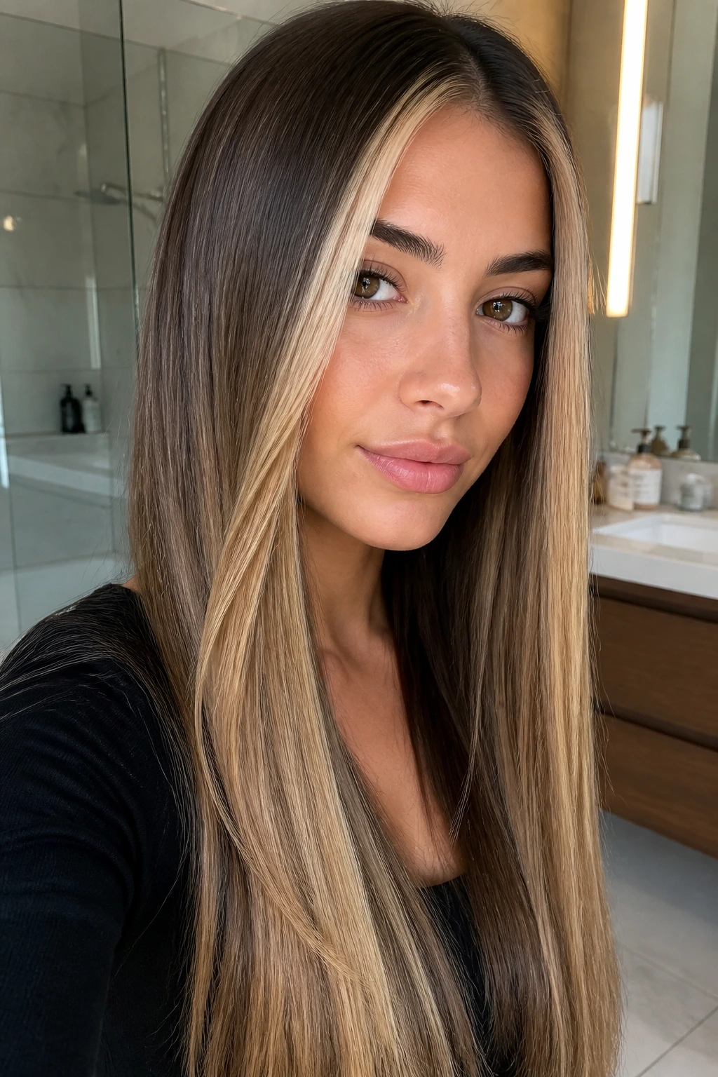 Close-up portrait of long straight hair with buttercream blonde contour framing the face
