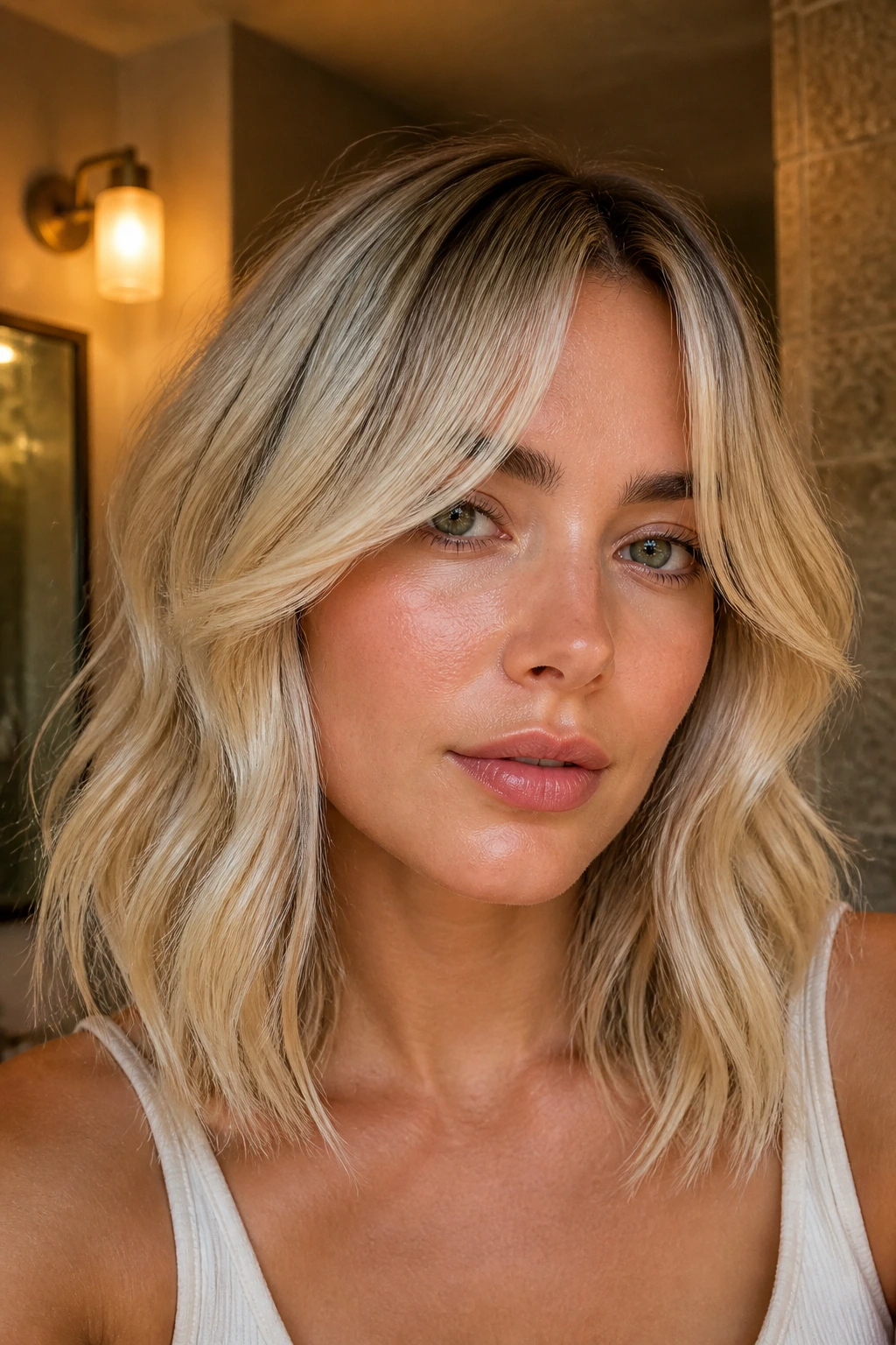 Close-up of a real woman with buttercream blonde and curtain bangs