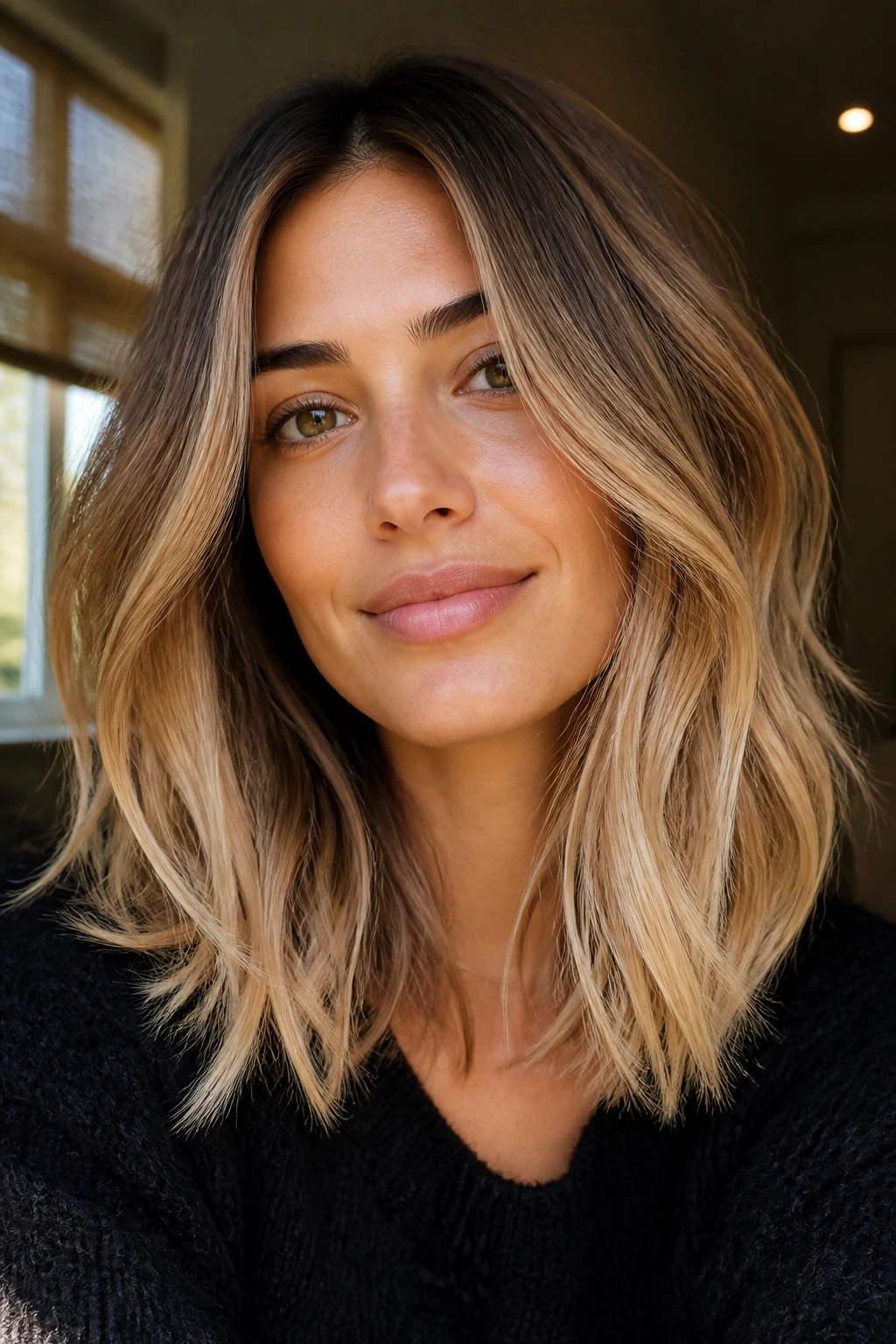 Olive-skinned person with cream-colored buttercream blonde ends