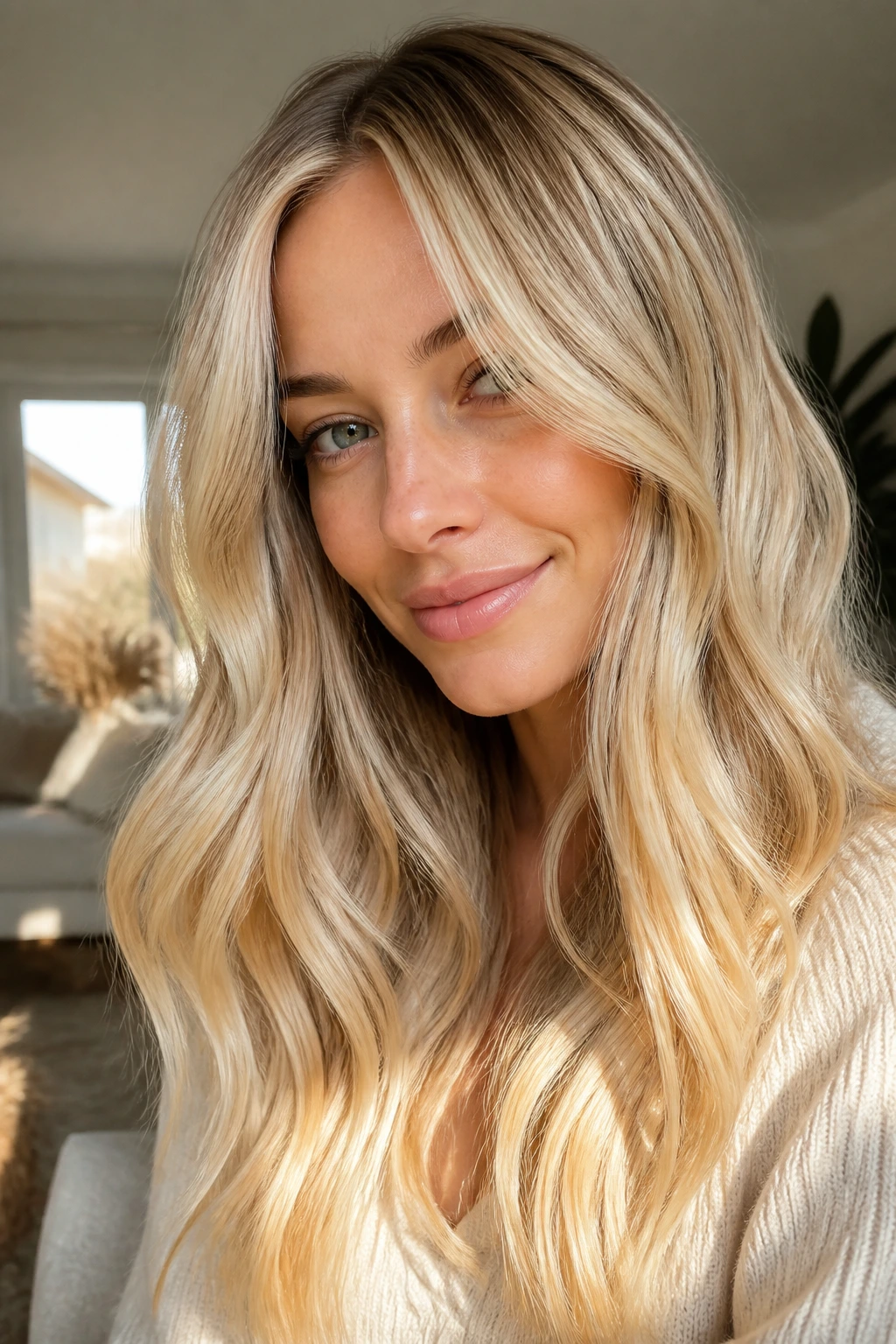 Close-up of buttercream blonde hair on a real person