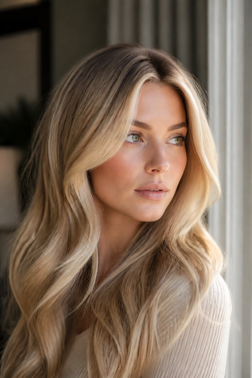 Close-up of a woman with buttercream blonde hair and soft root melt in window light