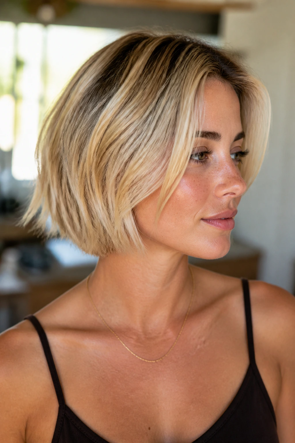 Close-up of real person with Buttercream Blonde root smudge on a short bob