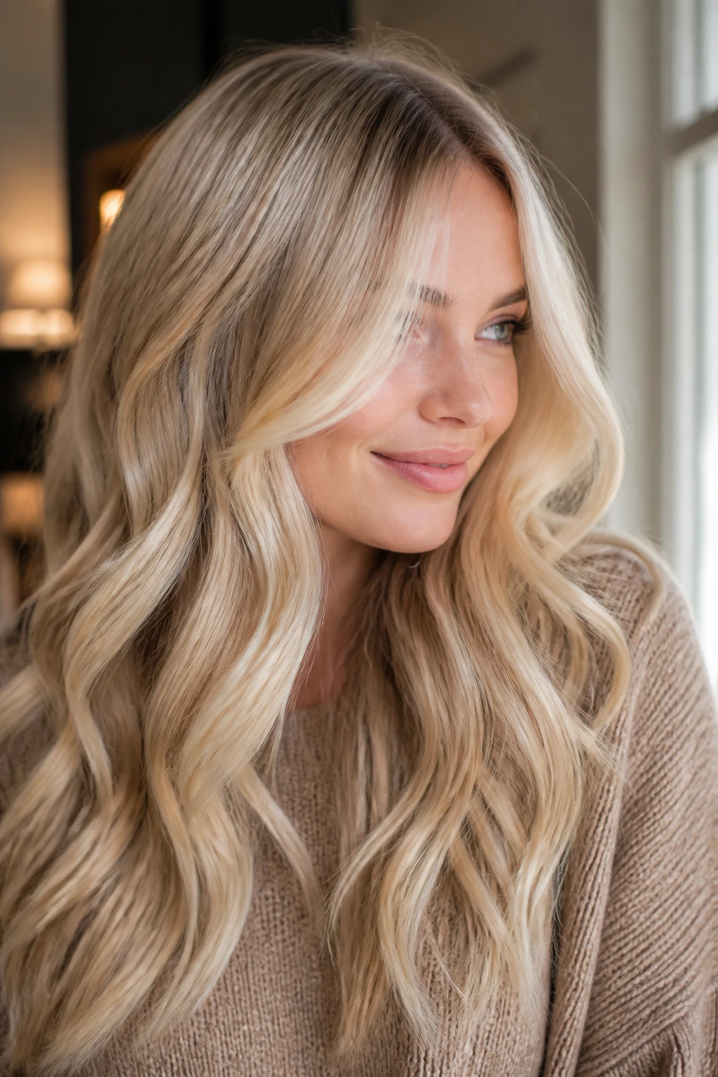 Close-up of real woman with buttercream blonde long waves and high shine