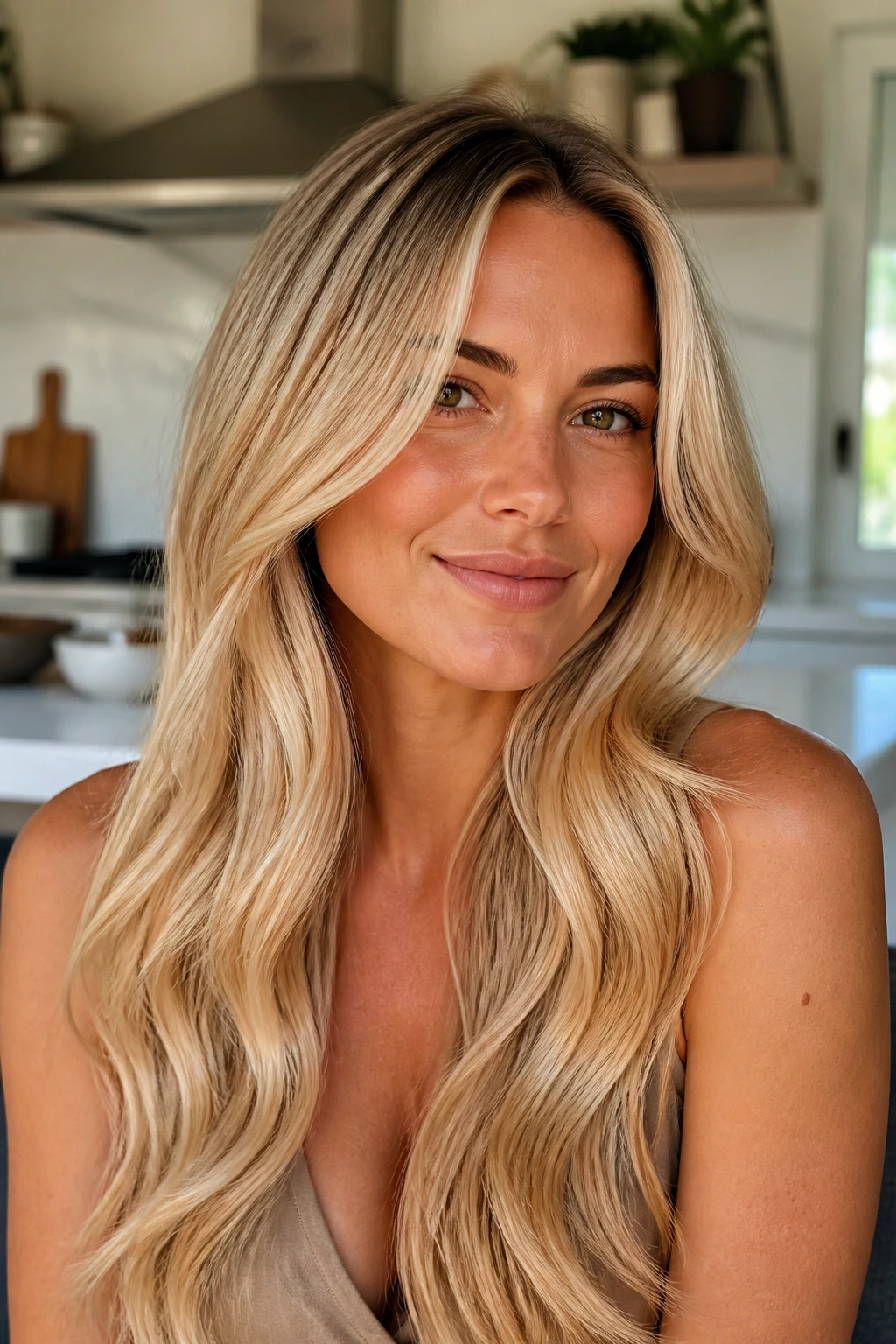 Close-up of a real person with creamy buttercream blonde hair in warm daylight