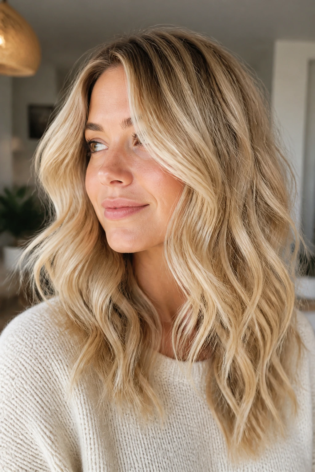 Close-up portrait of a real woman with buttercream blonde waves in warm indoor light