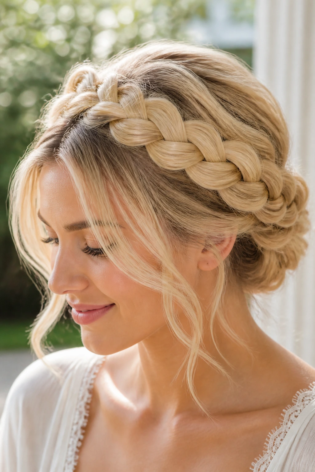 Close-up of a real woman with a buttercream braided crown hairstyle