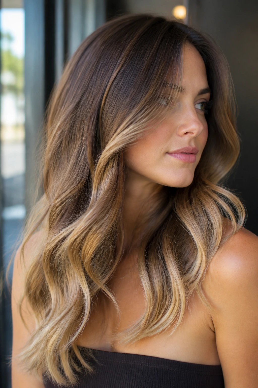 Close-up of a real woman with buttercream ends on chestnut hair in warm window light