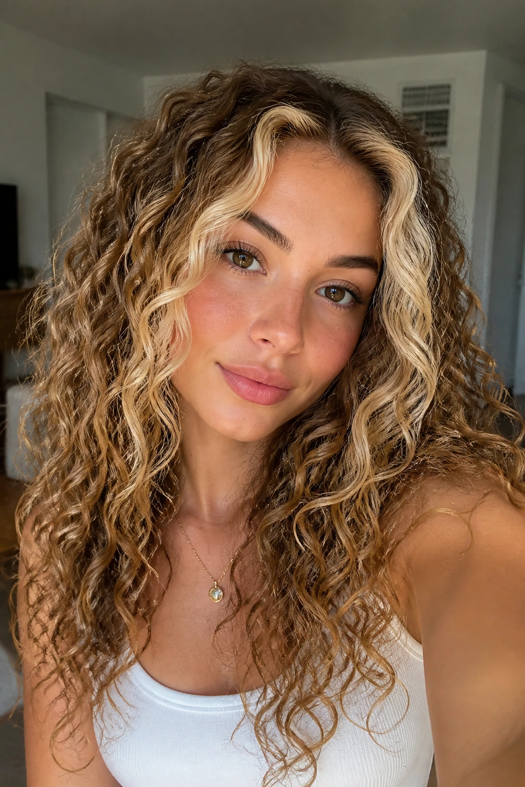 Close-up of hair with buttercream face frame highlights around the front curls