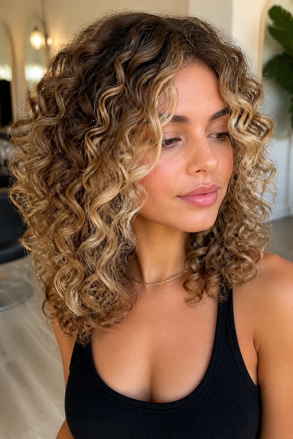 Close-up of a real woman with curly hair featuring buttercream face-framing pieces