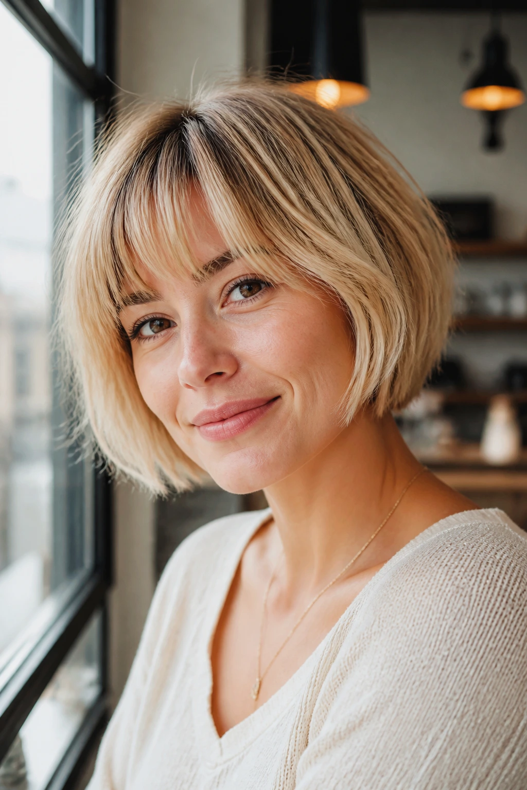 Real woman with a soft buttercream French bob and light fringe in warm indoor light.