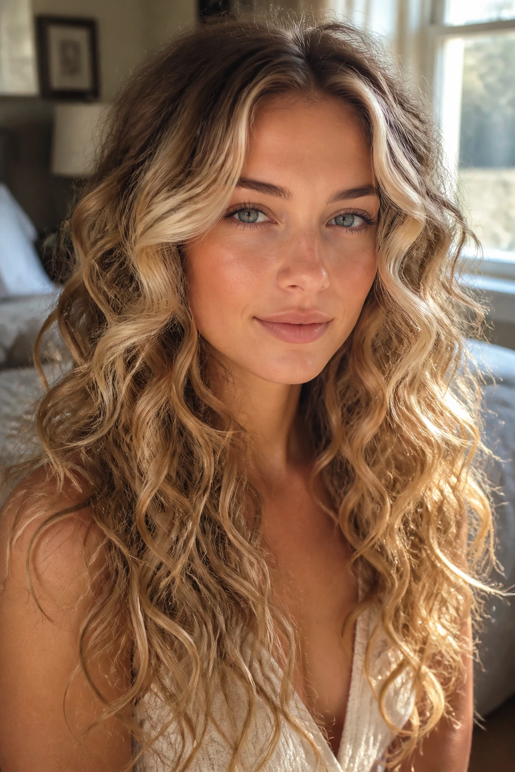 Close-up of a real woman with long curly hair featuring buttercream halo highlights around the face