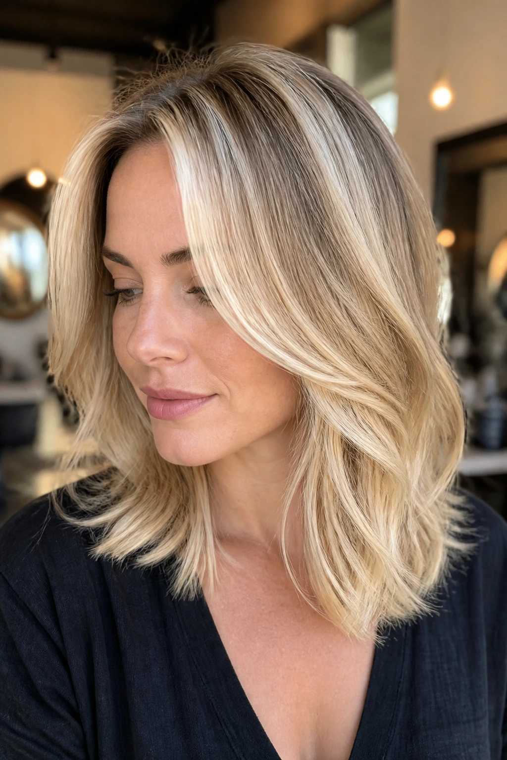 Close-up of a real woman with shoulder-length layered blonde hair showing buttercream blended highlights