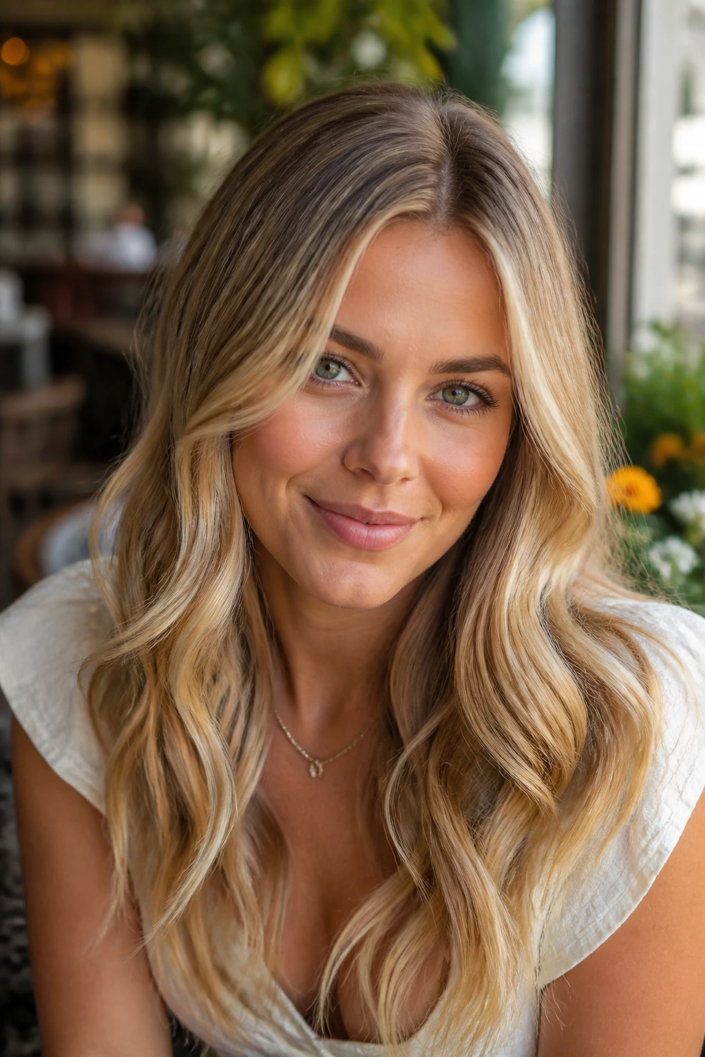 Close-up portrait of a real woman with soft buttercream lowlights showing depth