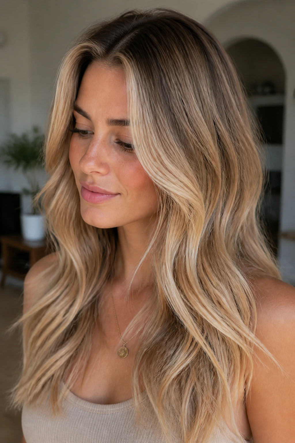 Beige buttered biscotti blonde hair close-up.
