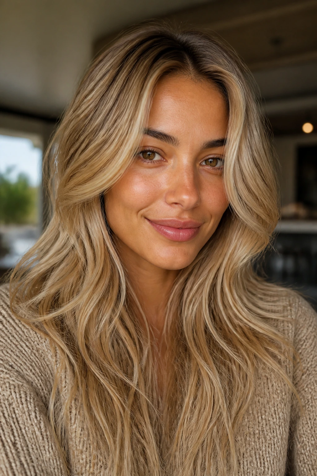 Close-up of olive-skinned model with buttered biscuit blonde hair in cozy natural light