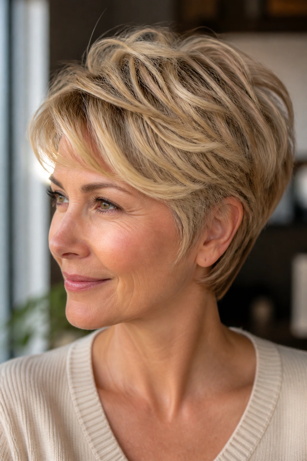 Portrait of a person with buttered bixie hairstyle in warm blonde tones