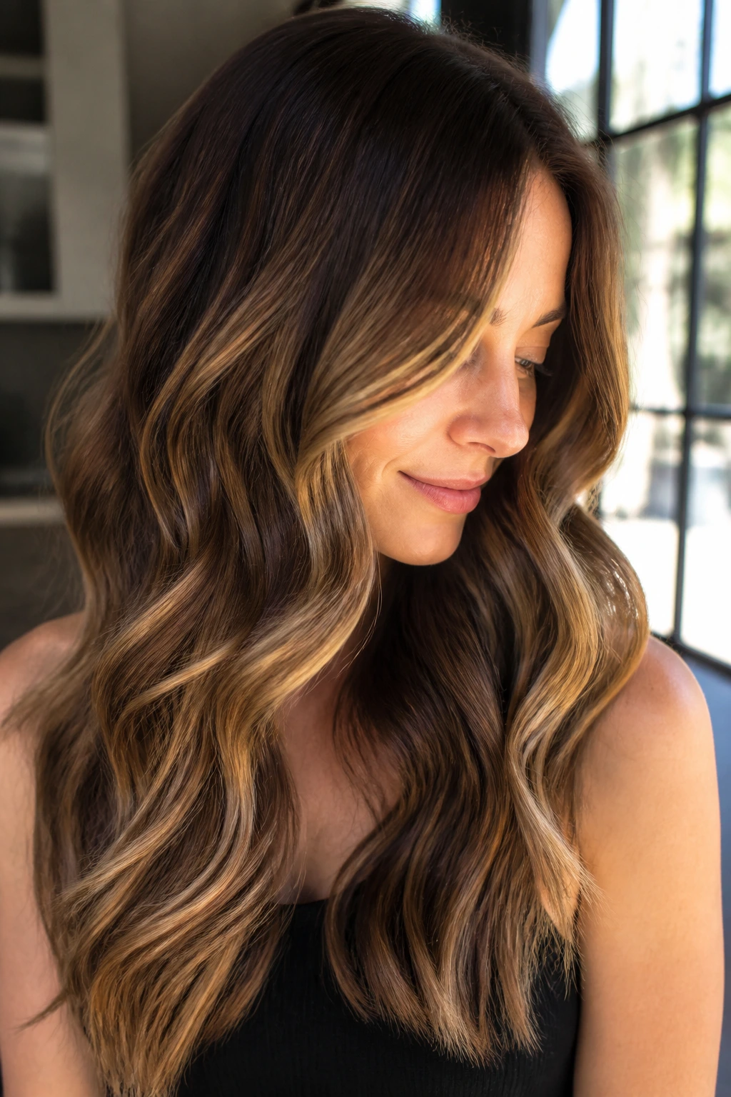 Close-up of hair with chestnut base and buttered balayage ribbons in soft spring light