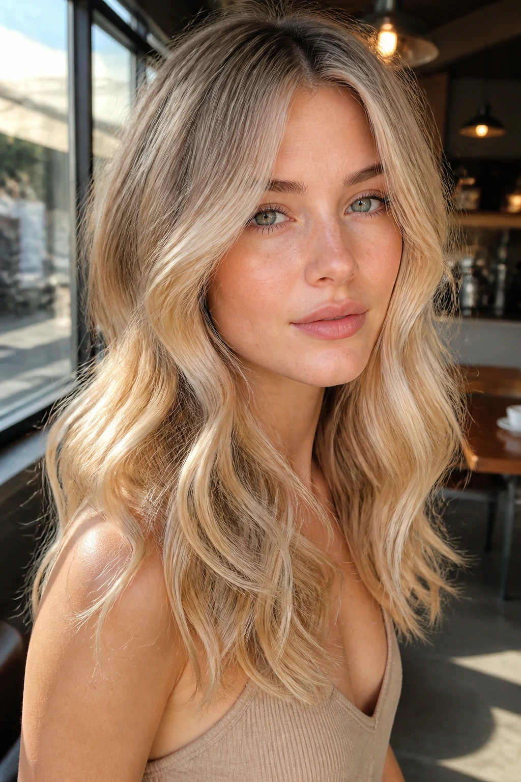 Close-up portrait of a real woman with buttered sand blonde hair in sunlit window light