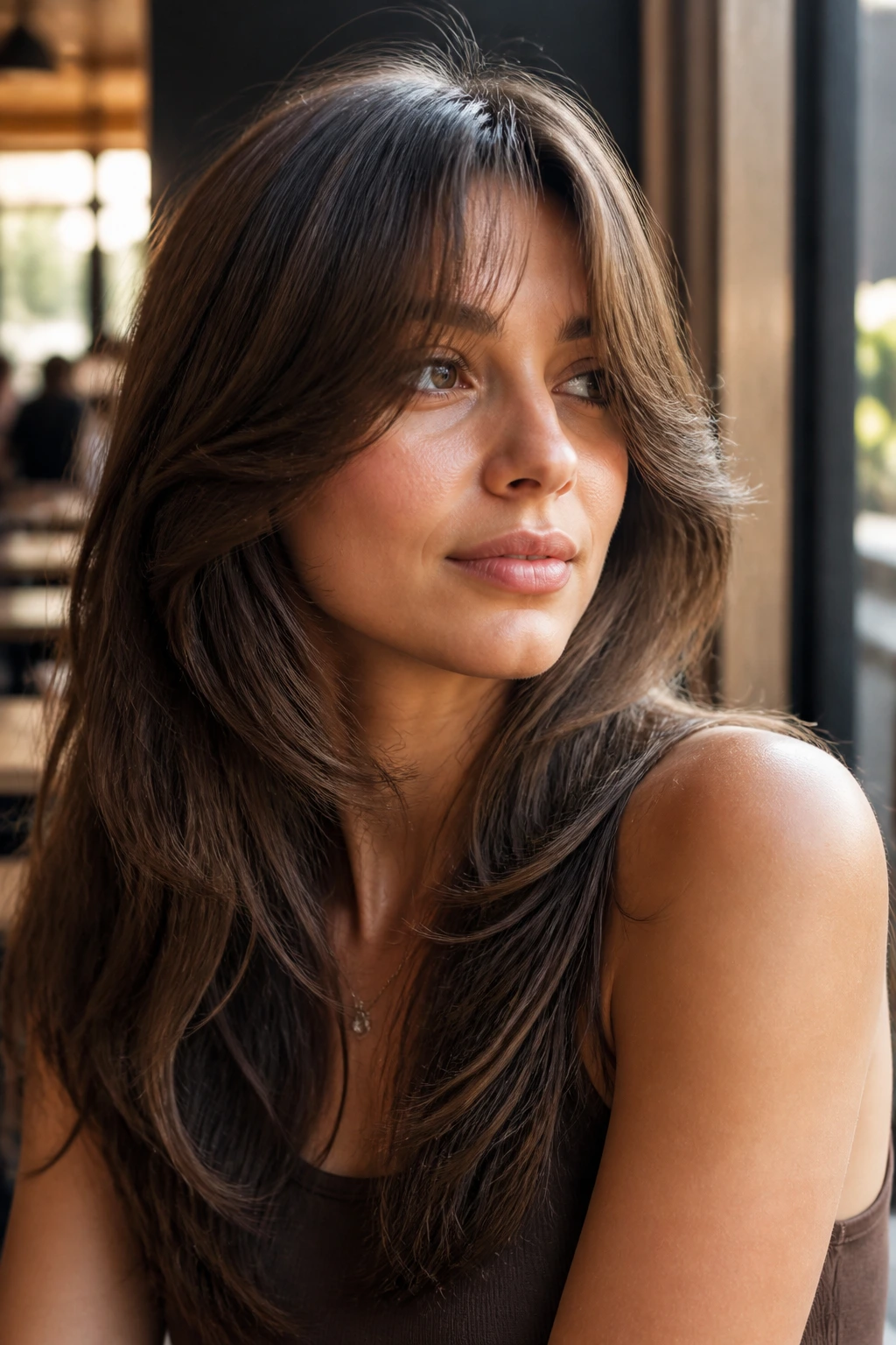 Close-up of a real woman with butterfly bangs and wing-like front layers.