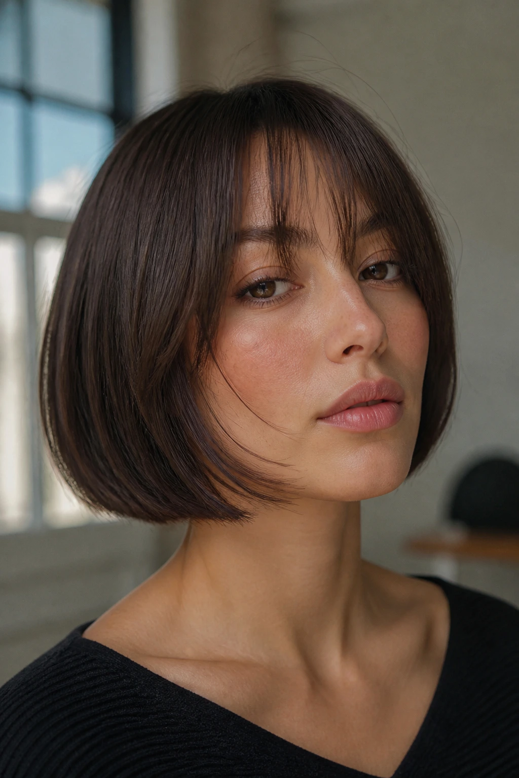 Close-up of a real woman with straight-bob butterfly and grown-out bangs