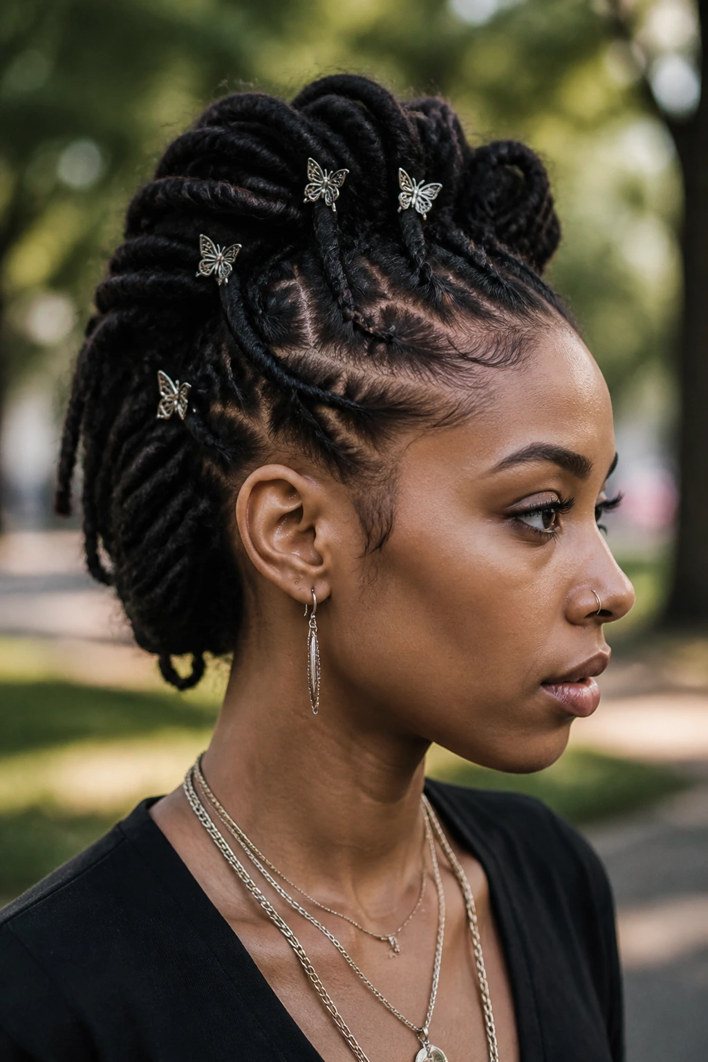 Close-up of butterfly-clip mohawk on real person with clips in hair.