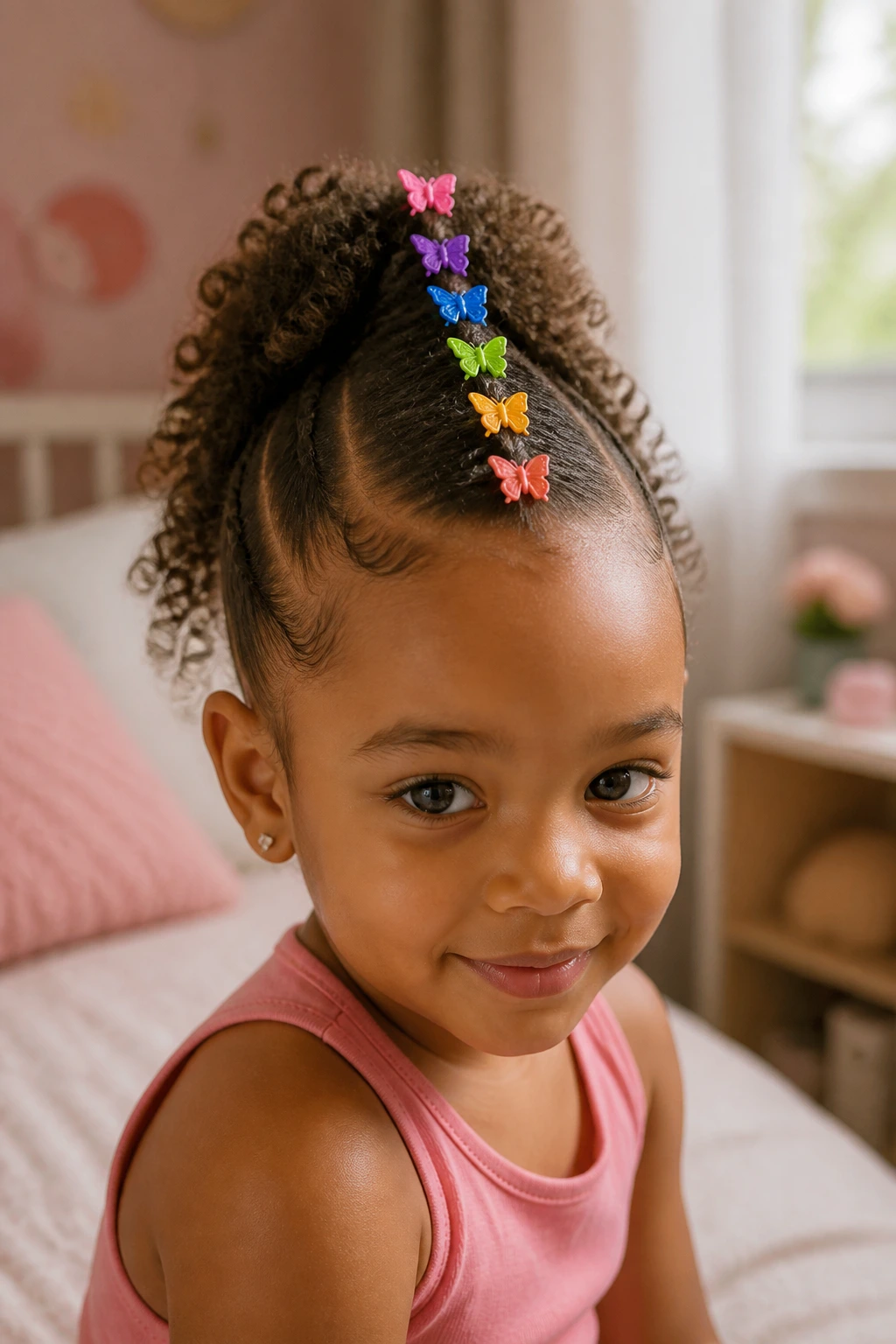 Close-up of a young girl with a butterfly-clip mohawk ridge in soft daylight