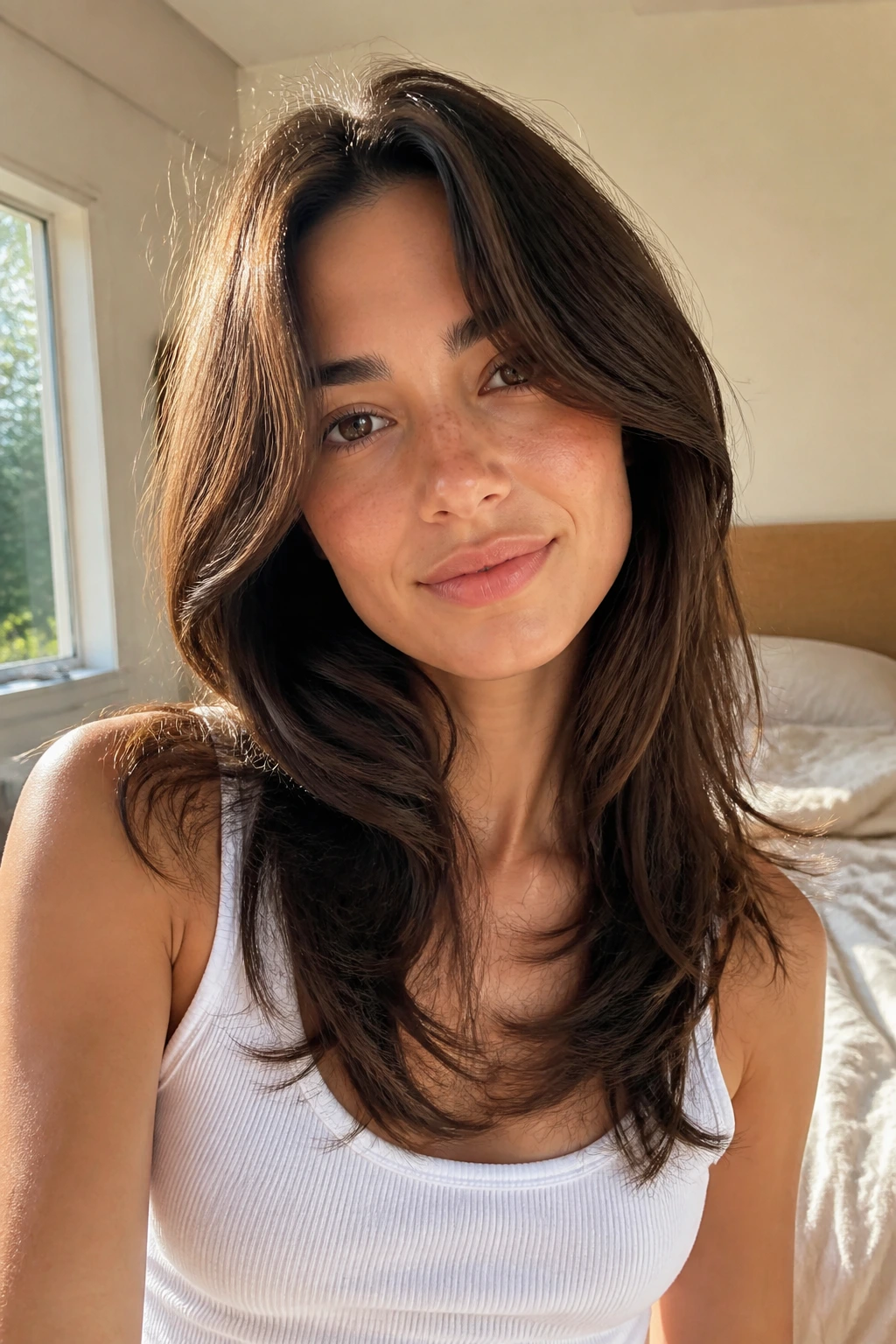Portrait of a woman with air-dried butterfly cut showing soft layers and natural texture