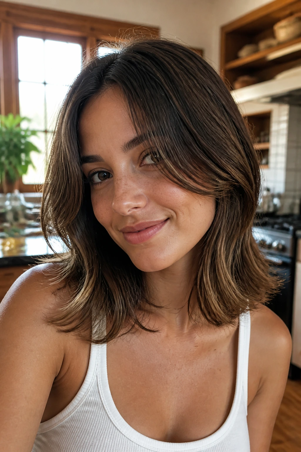 Close-up of a woman with an air-dry butterfly cut and natural bend under soft morning light.