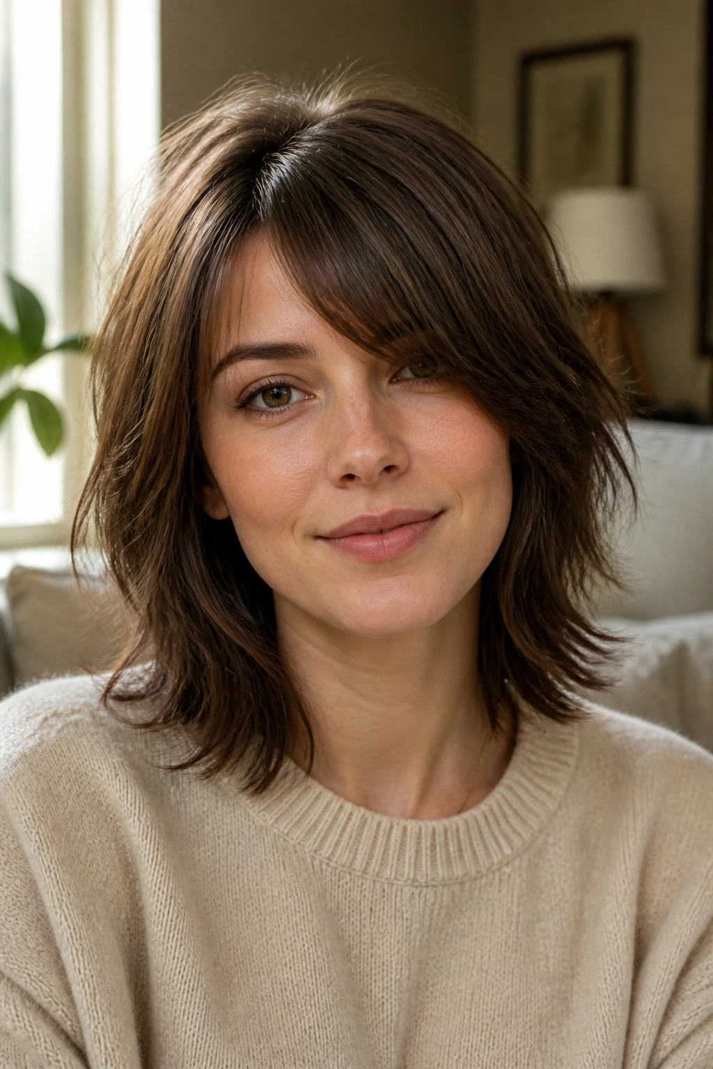 Close-up portrait of a real woman with a short butterfly cut and bangs, off-center part in warm window light