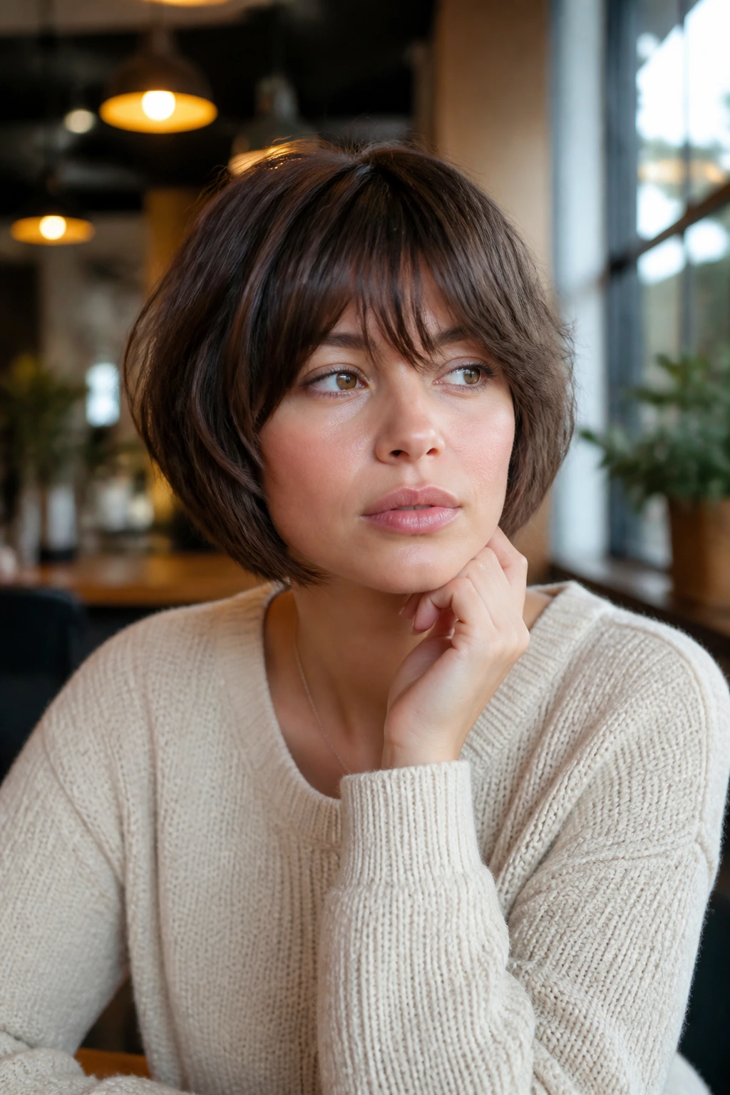 Thoughtful portrait of a woman considering a butterfly cut with bangs in a soft indoor setting