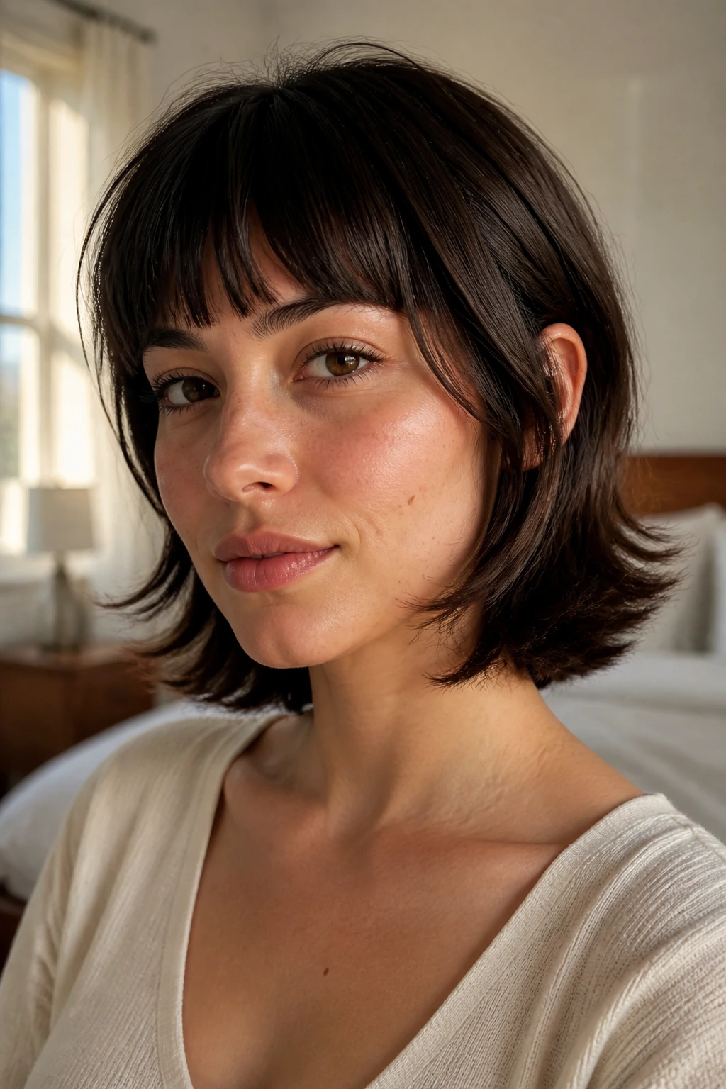 Close-up portrait of a real woman with a short butterfly cut and bangs above the brows.