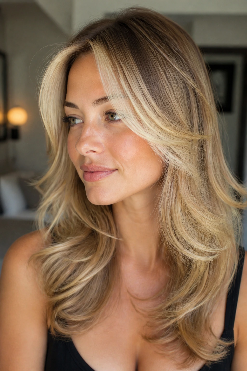 Portrait of woman with butterfly cut and face-framing blonde highlights around cheeks