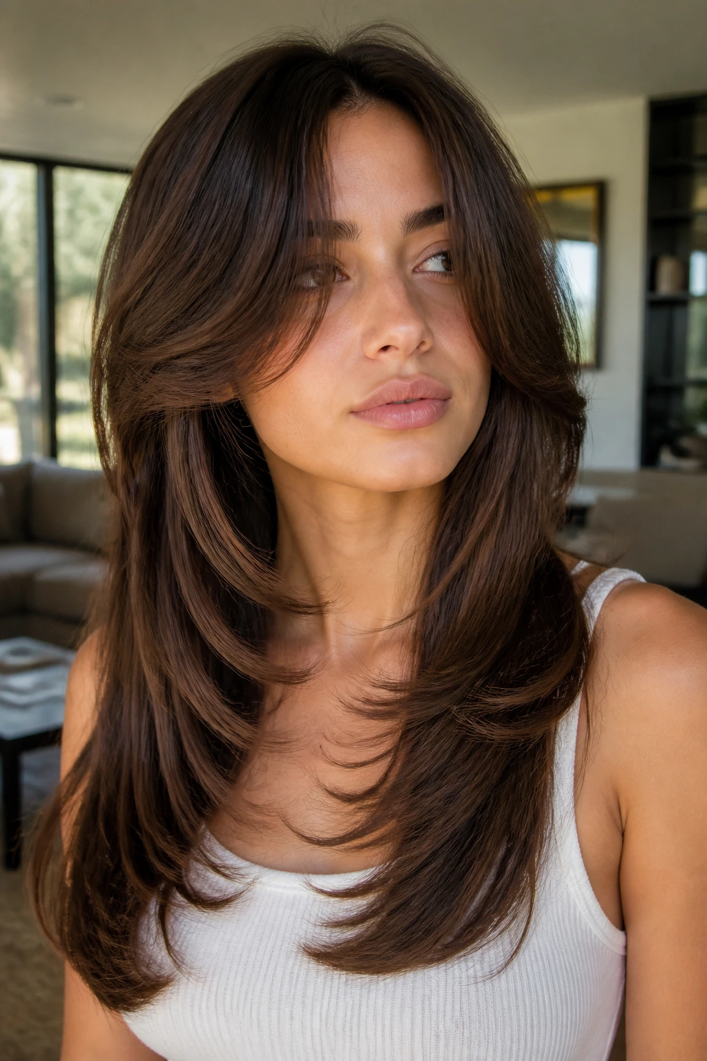 Portrait of a real person with butterfly-cut blowout showing movement and layers.