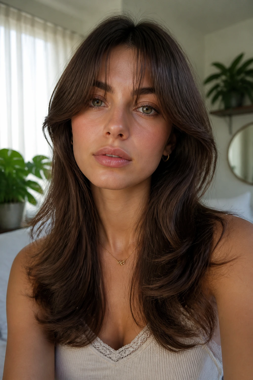 Close-up of a real woman with bottleneck bangs and butterfly layers