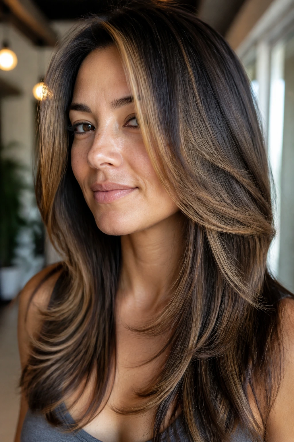 Portrait of a real person with butterfly cut and caramel face-framing highlights.