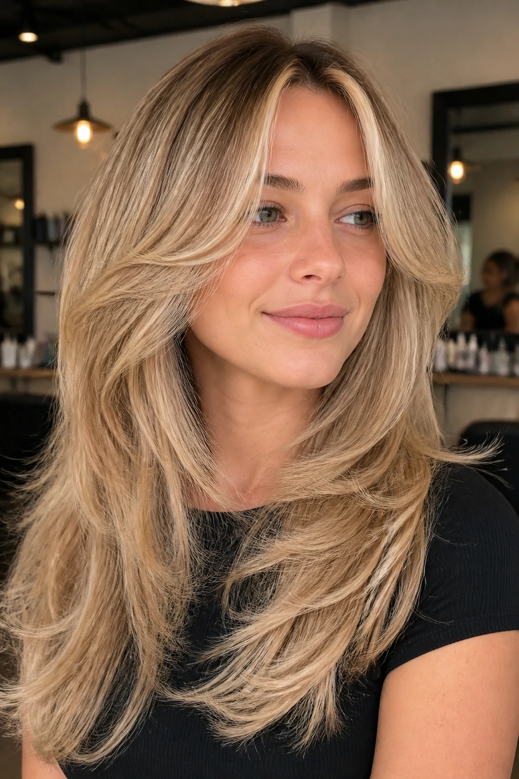 Close-up portrait of a real woman with butterfly cut and champagne blonde highlights