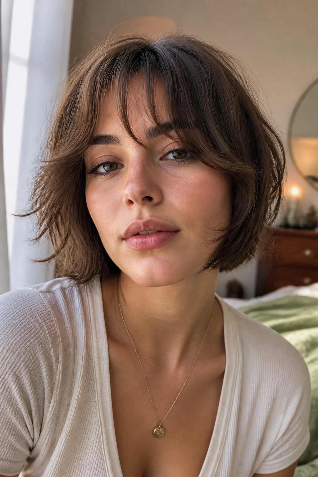 Close-up of a real woman with tousled chin-length butterfly with baby curtain bangs