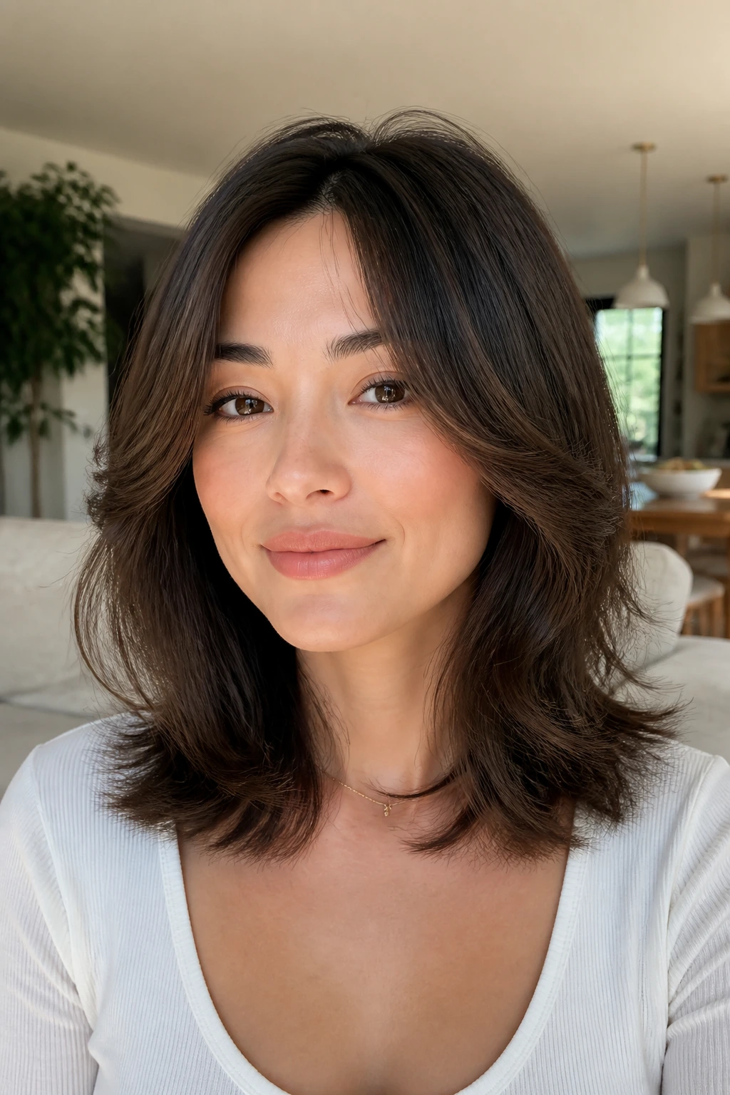 Portrait of a woman with butterfly cut at collarbone length