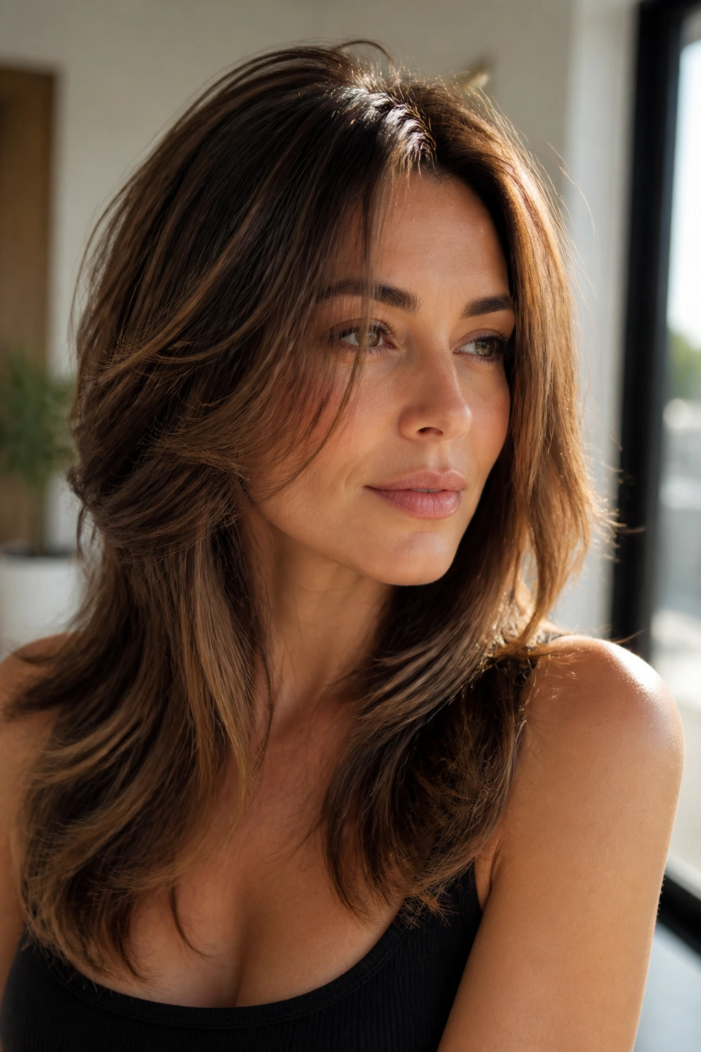 Portrait of a woman with volume-boosting butterfly cut lifting the crown