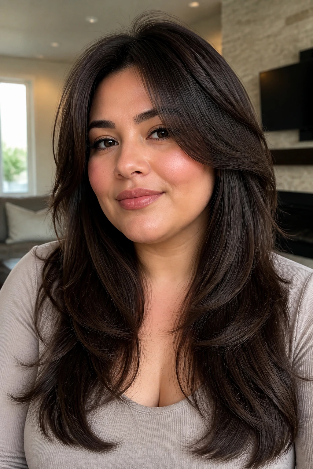 Close-up of a woman with butterfly cut and lifted crown layers.