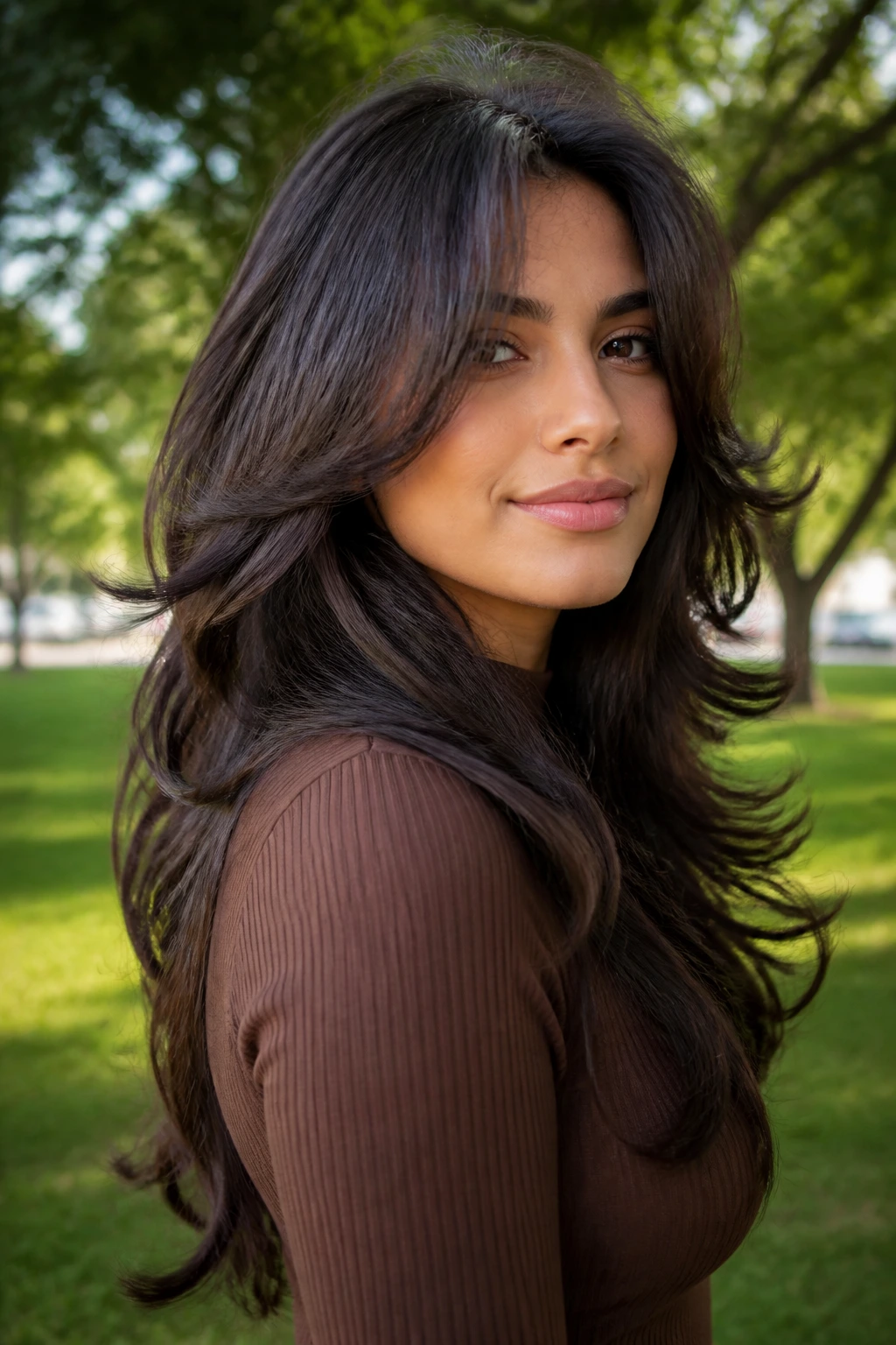 Close-up portrait of a real person with face-framing butterfly layers in a park