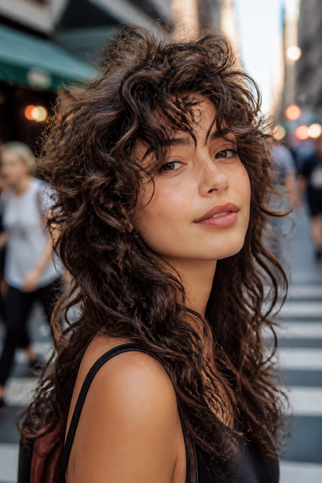 Portrait of a real person with butterfly cut curls framing the face in an urban setting.