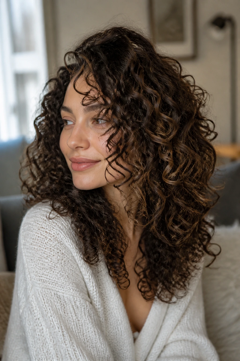 Close-up of a real woman with curly butterfly-cut hair and long face frame