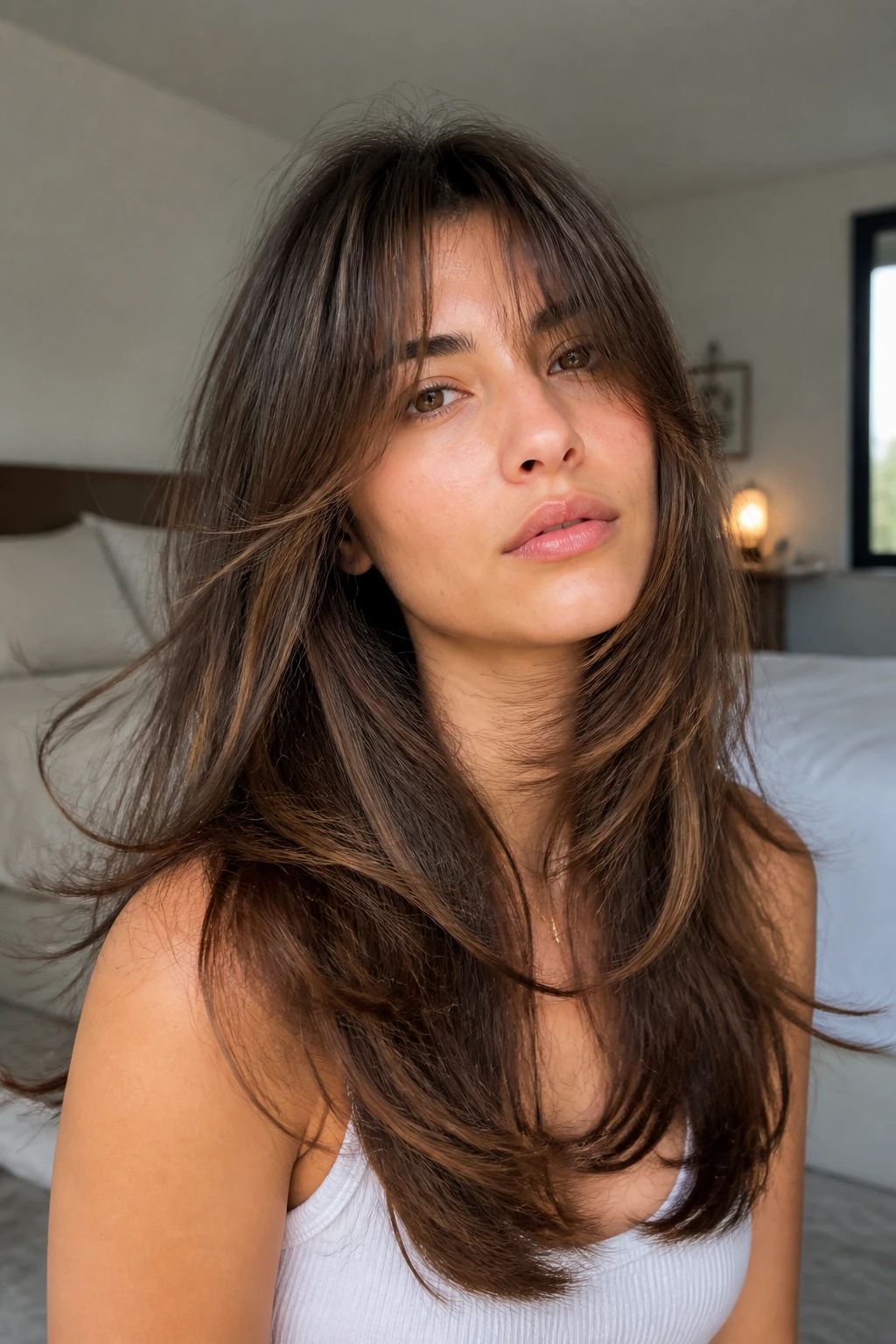 Portrait of a woman with butterfly cut and soft curtain fringe
