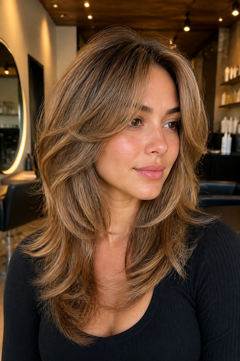 Portrait of a woman with butterfly cut and soft curtain fringe