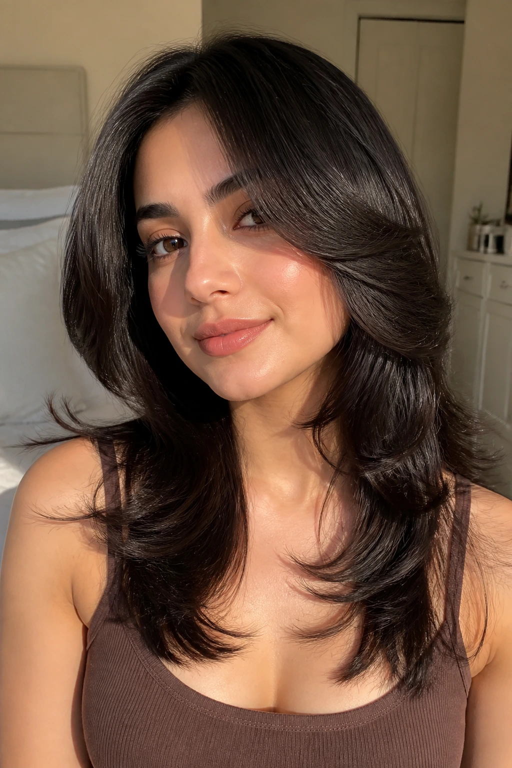 Close-up of a real woman with a butterfly cut and face-framing ends