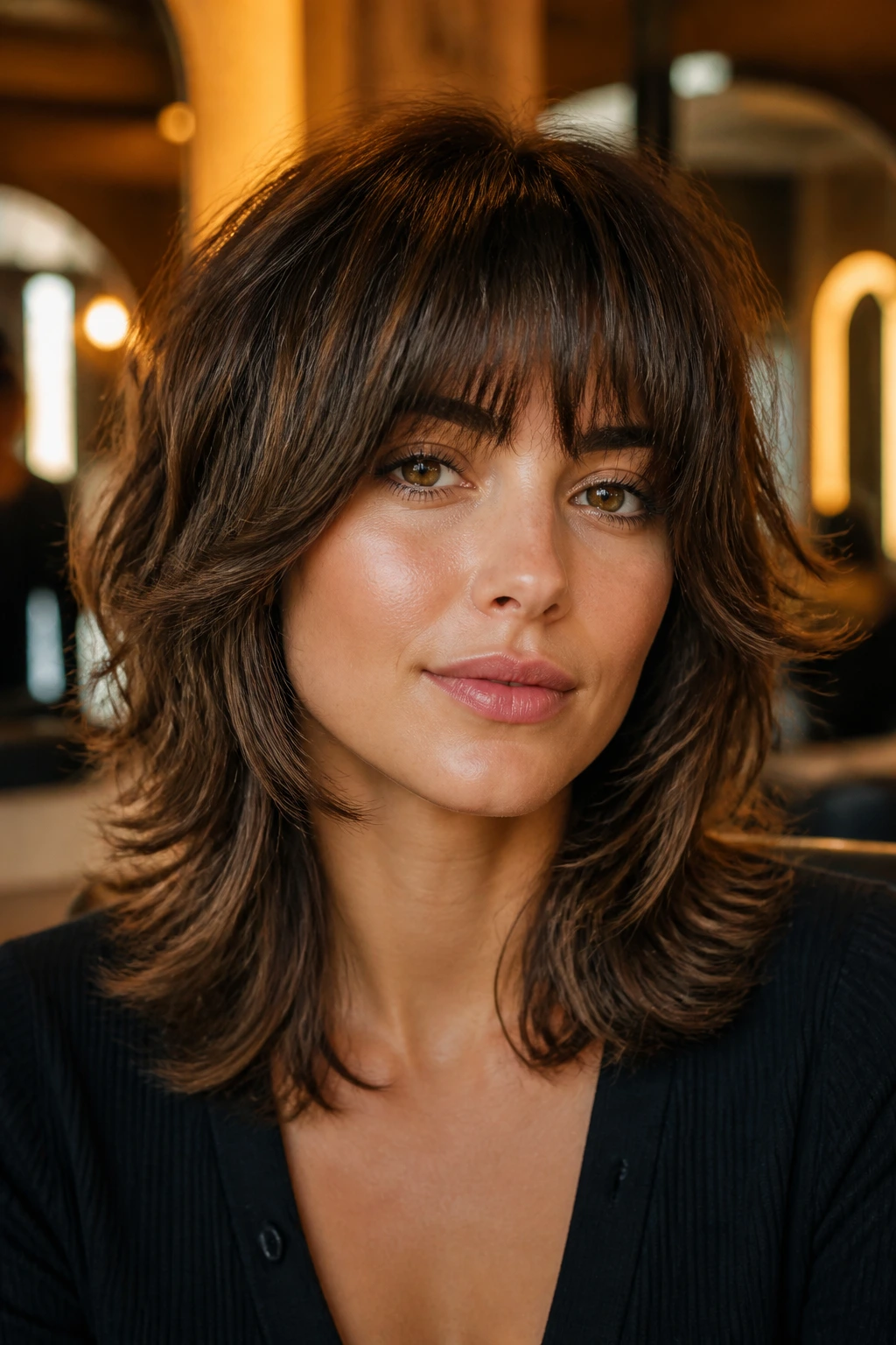 Close-up portrait of a real woman with eyebrow-grazing bangs and textured butterfly layers framing the face