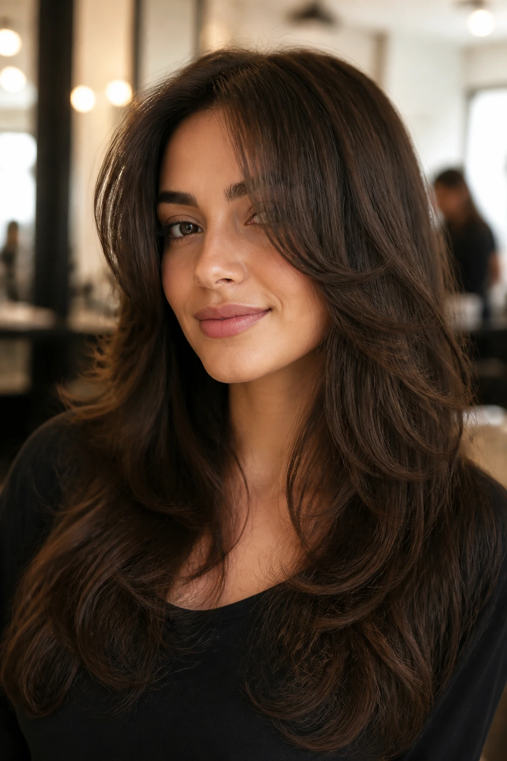 Close-up portrait of a real woman with butterfly cut and soft face framing
