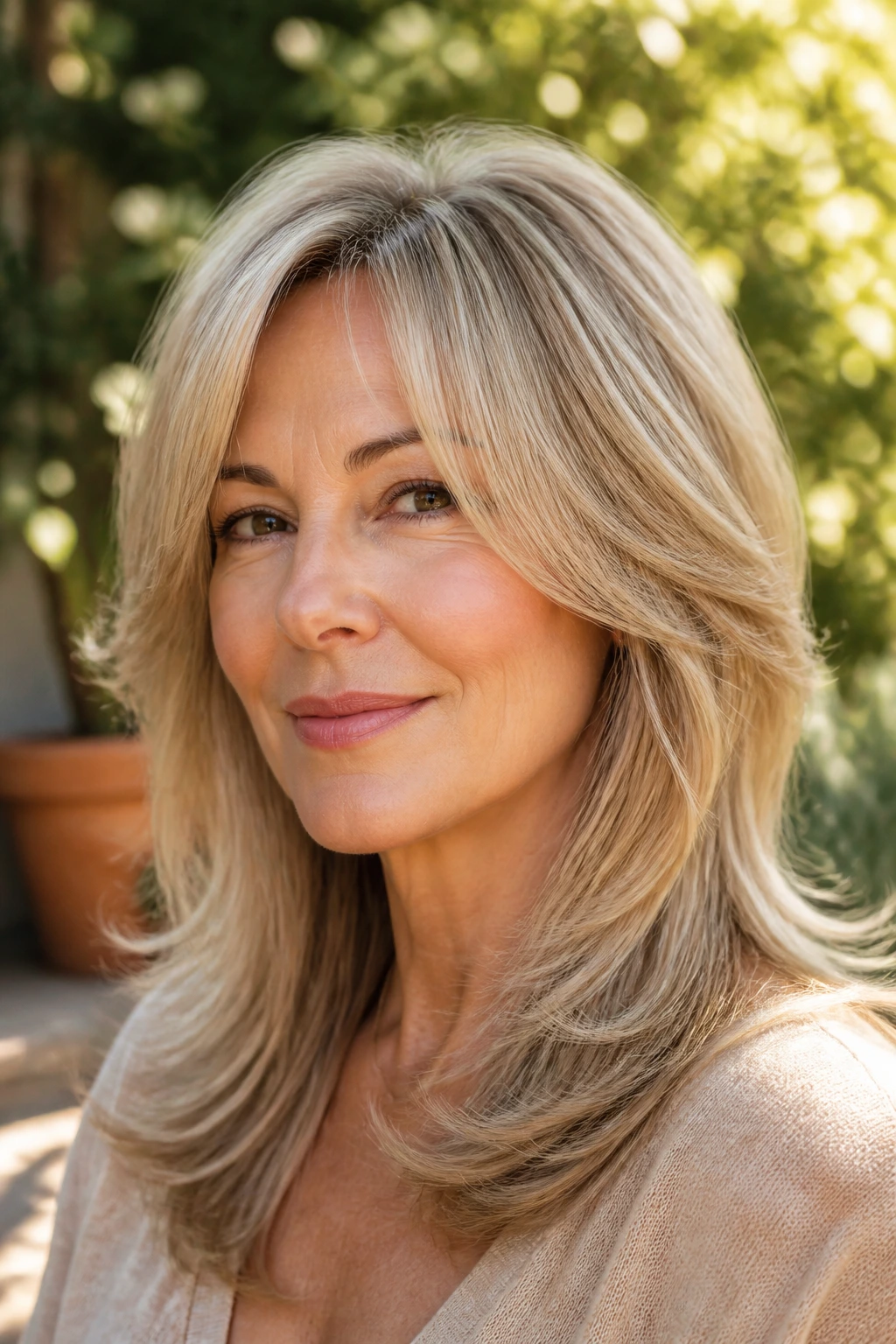 Close-up of a real woman with butterfly cut and lightweight face layers in a sunlit garden